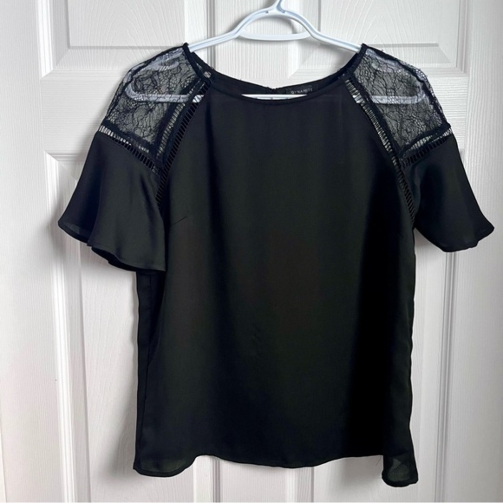 Dynamite Blouse Black lace mesh ruffled Medium Women short sleeve cocktail chic